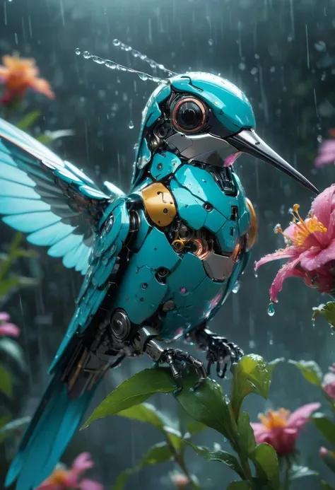 close up of a cyan robotic hummingbird sitting on a beautiful flower, raining, reflective light, hyper detailed, ultra detailed, anime realism, best quality, masterpiece, 8k, Representative work, official art, Professional, Ultra intricate detailed