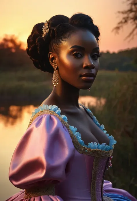 Retrato realista de una mujer africana de piel morena oscura quemada por el sol, Cabello largo:2                
 Rizado, Ropa de princesa, Long Rococo Style Cinderella,  Imagen intrigante, Imagen limpia, Al fondo un hermoso lago, Colores brillantes, cinem...