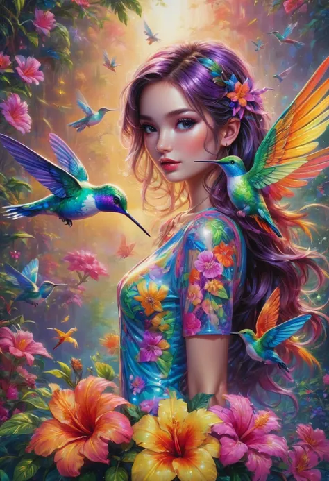 Hummingbird by Lisa Frank, anime realism, best quality, masterpiece, 8k, Representative work, official art, Professional, Ultra intricate detailed