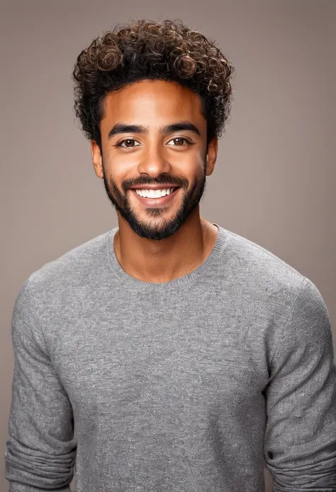 (((dark-skinned))), Thiago, Mixed-race man, branco, olhos negros, cabelo curto, cabelo escuro, roupa clara, Cheerful Expression Neutral Background, Professional studio lighting, vivid colors