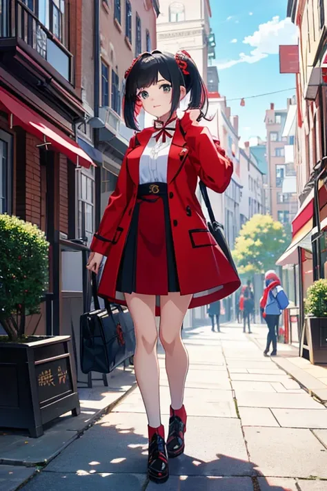 a woman in a red coat and skirt walking through a park, anime look of a cute girl, ayaka genshin impact, anime look of a young girl, female anime character, Hestia, popular isekai anime, stylish anime key look, best anime girl, anime style as destiny/Stay ...