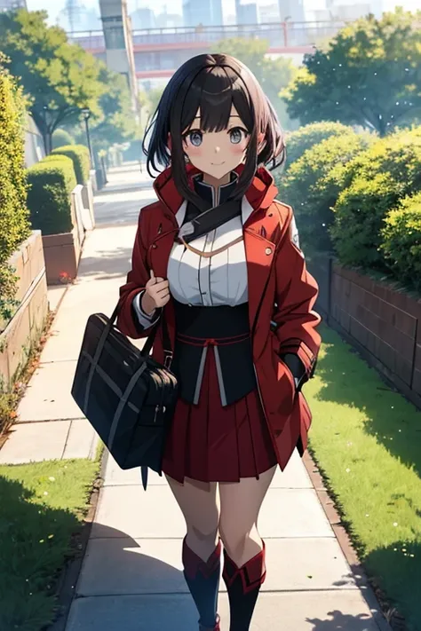 a woman in a red coat and skirt walking through a park, anime look of a cute girl, ayaka genshin impact, anime look of a young girl, female anime character, Hestia, popular isekai anime, stylish anime key look, best anime girl, anime style as destiny/Stay ...