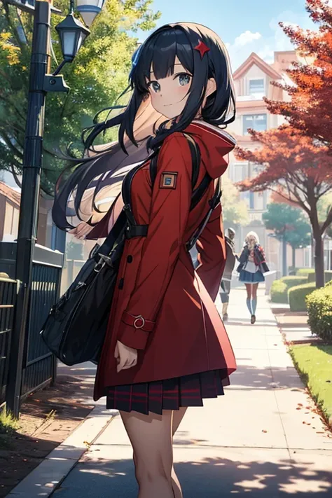 a woman in a red coat and skirt walking through a park, anime look of a cute girl, ayaka genshin impact, anime look of a young girl, female anime character, Hestia, popular isekai anime, stylish anime key look, best anime girl, anime style as destiny/Stay ...