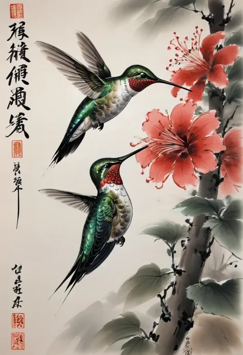 Hummingbird by Qi Baishi, anime realism, best quality, masterpiece, 8k, Representative work, official art, Professional, Ultra intricate detailed