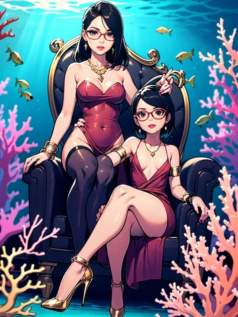 (((1girl, solo ,alone, sarada uchiha), short hair, ((smug, ((black eyes)), gold bracelets, ruby earrings, ((dark eyes, glasses, ...