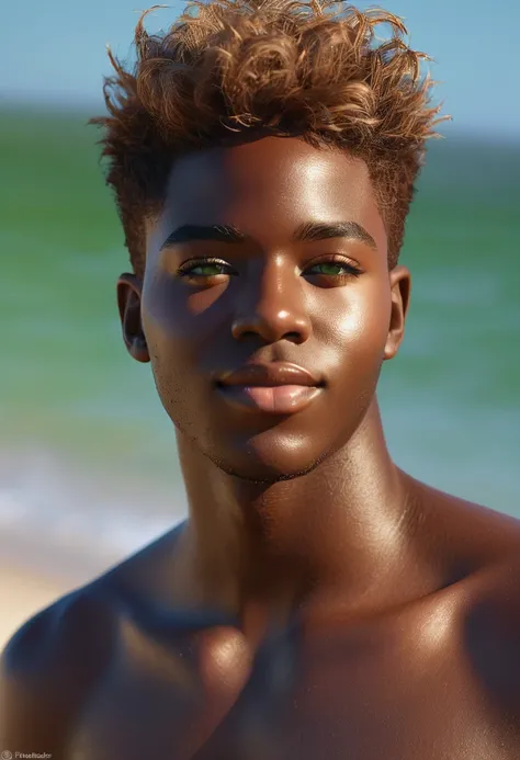 Soft, cinematic lighting illuminates an incredibly detailed and ultra-realistic African-American mannequin., look de plage, ultra short messy light brown hair, yeux vert clair, sourire parfait et captivant, sensuel, bel homme, Incroyablement beau, c&#39;es...