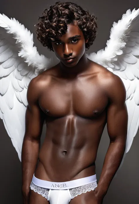 create a boy with black skin, curly brown hair, brown eyes, angel wings, he is the God Eros, sensual, shirtless, only in white underwear, nsfw, (((dark-skinned)))