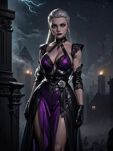 (((1girl, solo ,alone, mortal kombat 11: aftermath, elegant and flawless face, sindel, gray hair, sidel hair, long hair pulled b...