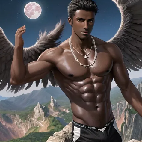 (((dark-skinned))), 1 man, angel (4 wings), dark face, handsome, dark skinned, bare-chested, bouncing, star necklace, pink, six-pack, nipple piercing, dull, sweat, background detail, valley, large birds nest, cave, sky, mountain peak, moon, daytime