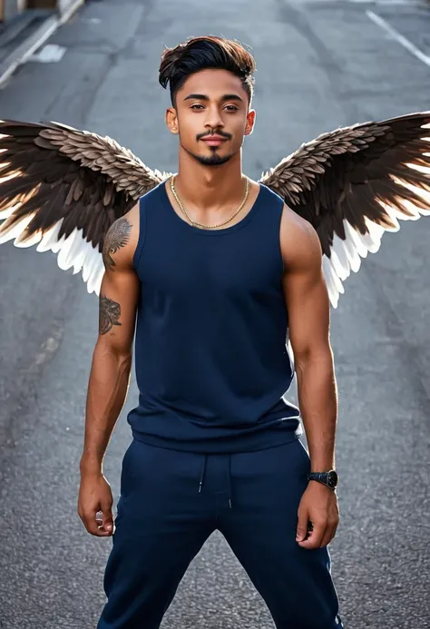 ,(((dark-skinned))) 1 man, alone, young handsome man, Latin mulatto skin, attractive features, tan tone skin, dark blue eyes, friendly expression, huge white wings coming out of his back, 2 angel wings, physical fitness, mans long haircut medium, black bro...