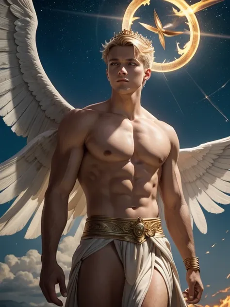 Phōsphoros. Not safe for work. Realistic waist up photo. Match. Young short haired blond man flying. Winged god holding a torch and crowned with a brilliant halo. He wears a long white loincloth that billows in the wind. It is in the sky at the time of daw...