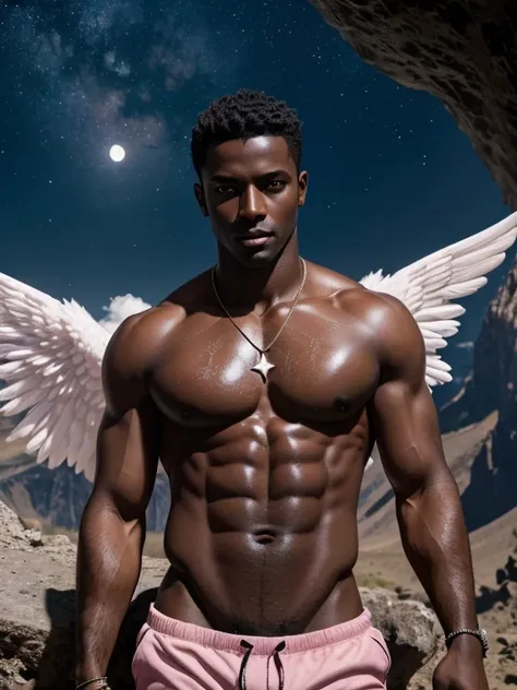 1 man, angel (4 wings), dark face, handsome, dark skinned, bare-chested, bouncing, star necklace, pink, six-pack, nipple piercing, dull, sweat, background detail, valley, large birds nest, cave, sky, mountain peak, moon, daytime
