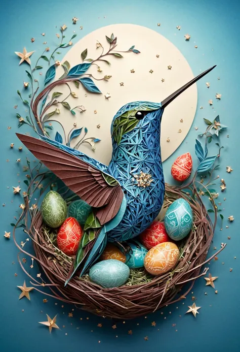 a hummingbird ,zentangle,origami,cinematic,in a nest of Chinese hummingbird,an egg has just broken,its mother is proud, zentangle full of stars sky,