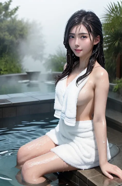 (masterpiece), (best quality:1.4), Ridiculous, [:intricate details:0.2], 1 girl, (naked towel), (fountain, hot spring:1.2), hydrated skin, (FOG:1.2), mist, skin shiny, Glowing skin, (partially submerged in the hot spring:1.2), (wet hair:1.2), mist, wet, mo...