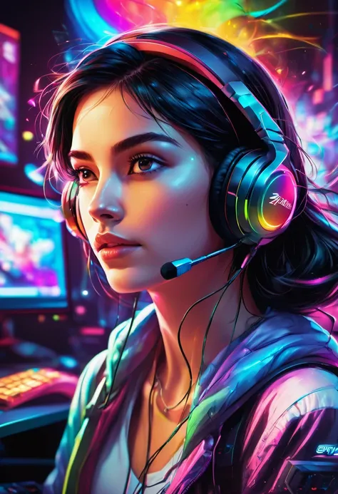 25-year-old Caucasian female with black hair wearing a headset and playing a video game on a computer with a backlit keyboard and multiple monitors displaying colorful graphics in a dark room