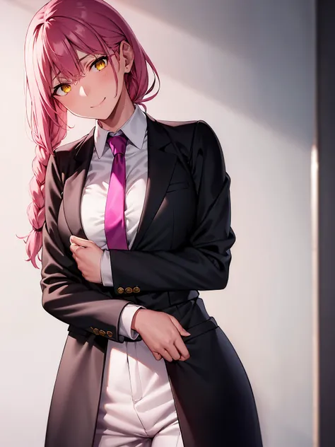 smile, long sleeves, pink hair, necktie, large breasts, solo, looking at viewer, thick thighs, hand on hip, pants, black pants, yellow eyes, 1girl, white shirt, braided ponytail, ringed eyes, high-waist pants, shirt, braid, shirt tucked in, simple backgrou...