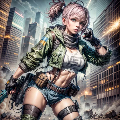 In a post-apocalyptic wasteland., A brave wasteless punk girl stands up to the chaotic world around her.. The camera zooms in on the girl., Capture the fierce expression and determination in her eyes.. Her clothes., A combination of durable clothing and re...