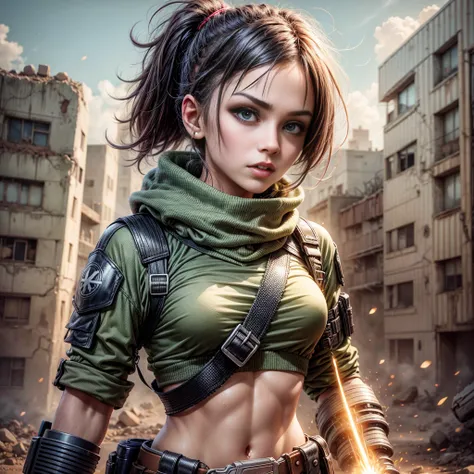 In a post-apocalyptic wasteland., A brave wasteless punk girl stands up to the chaotic world around her.. The camera zooms in on the girl., Capture the fierce expression and determination in her eyes.. Her clothes., A combination of durable clothing and re...