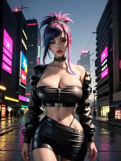 ((Best quality)), ((masterpiece)), (highly detailed:1.3), 3D, beautiful (cyberpunk:1.3) hacker woman with colored hair, black clothes looking at camera