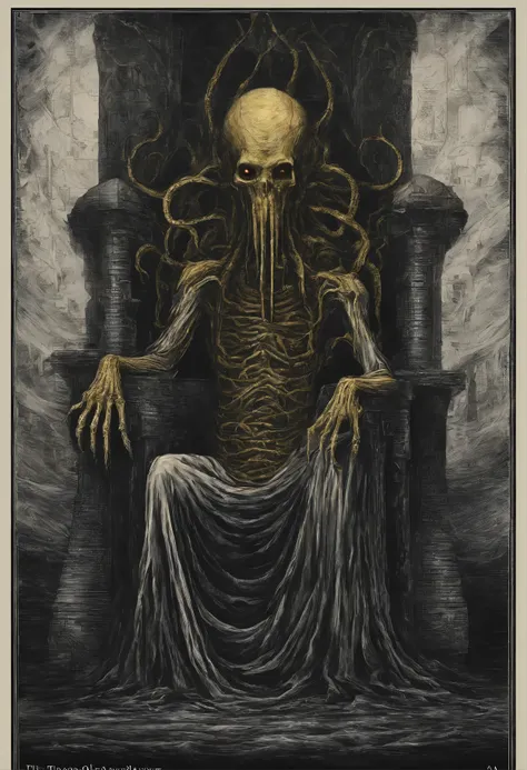 The king in yellow from Lovecraft tale. He is sat at his throne and his tentacles are crawling out through the bottom of his mantle. 