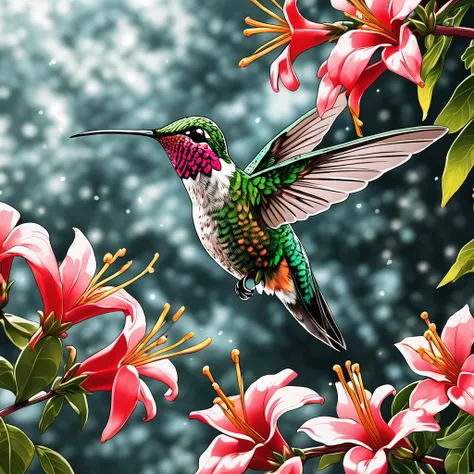 Hummingbird, aesthetic, extremely detailed, Hummingbird drinking from a honeysuckle flower intricate details, HDR, beautifully shot, hyperrealistic, sharp focus, megapixels, perfect composition, high contrast, cinematic, atmospheric, moody