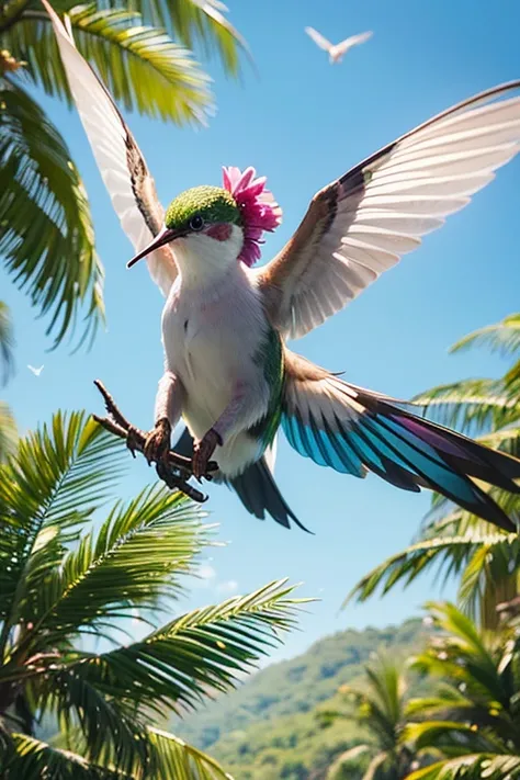 best quality,ultra-detailed,realistic,hummingbird,beautiful detailed feathers,vibrant colors,natural habitat,tropical flowers,hovering in mid-air,delicate wings,precise flight,nectar from flowers,breathtaking view,lush green foliage,bright sunlight,feeding...