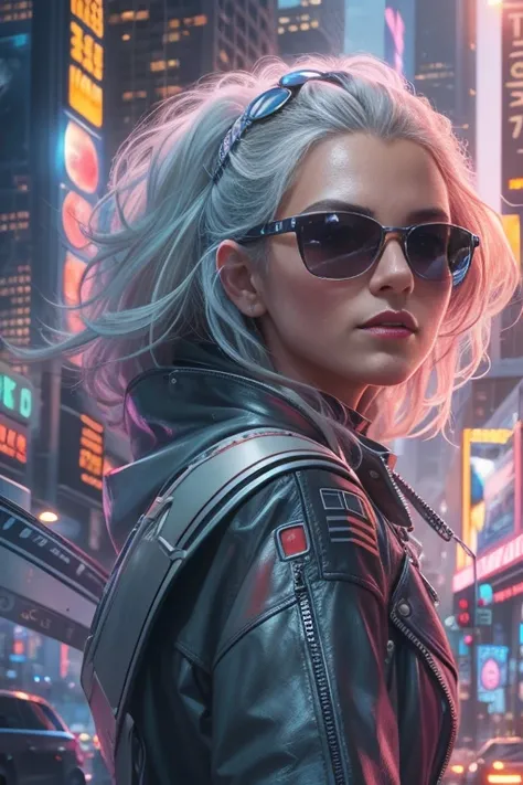 (best quality,4k,8k,highres,masterpiece:1.2),ultra-detailed,realistic:1.37,illustration,(sci-fi,futuristic:1.1),(portrait,concept artists:1.1), vibrant colors, soft lighting, shiny surface, silver hair, expressive eyes, stylish sunglasses, confident pose, ...