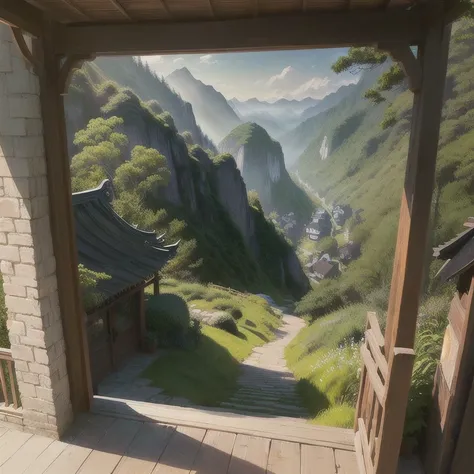 the camera looks out of the window of the house on the cliff, below is a bamboo valley, in the center of which there is a meadow, on which stands the gazebo, pastel drawing