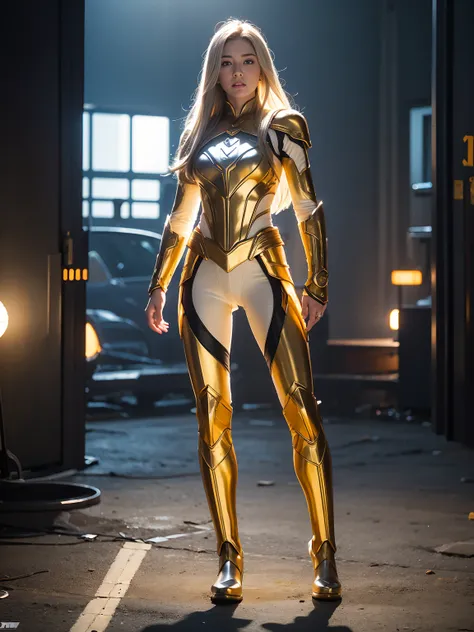 ((Full body photo,standing, feet on the ground)) A beautiful warrior woman, with long white hair and yellow eyes, wearing white and gold dc comics superman armor with several yellow rays running across her body
 full-body shot beauty girl, Mid-thigh boots,...