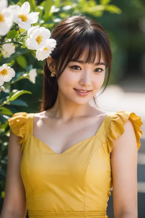 medium view, medium shot, written boundary depth, bust, Upper body, cinematic angle, masterpiece, highest quality, Super detailed, CG, 8k wallpaper, beautiful face, delicate eyes, maiden, alone, smile, bangs, have,mustard dress, bow, petal, bouquet