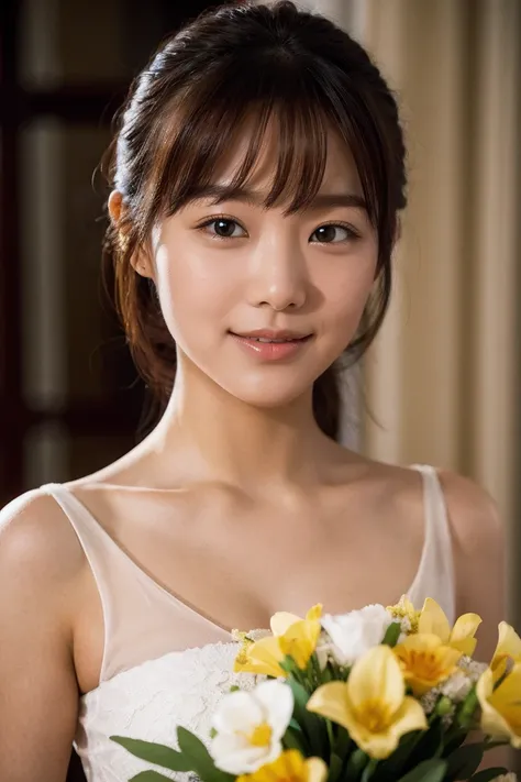 medium view, medium shot, written boundary depth, bust, Upper body, cinematic angle, masterpiece, highest quality, Super detailed, CG, 8k wallpaper, beautiful face, delicate eyes, maiden, alone, smile, bangs, have,mustard dress, bow, petal, bouquet