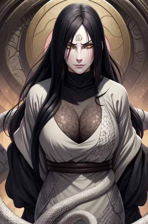 {-erro_de_anatomia:1.0} estilo anime, Masterpiece, absurdities, Orochimaru(Naruto), 1girl Solo, Mature woman, Oversized shirt with broad shoulders, Perfect composition, Detailed lips, large breasts, Beautiful face, body proportion, Blush, Long black hair, ...