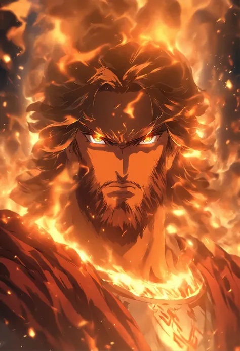 Majestic holy Jesus merged with fire and smoke looking powerfully to the camera