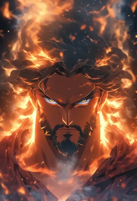 Majestic holy Jesus merged with fire and smoke looking powerfully to the camera