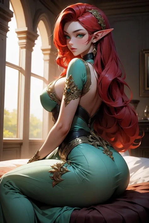 (Masterpiece - Ultra-Detailed, High Resolution) Prepare to be enchanted by a true masterpiece that combines ultra-detailed art with high-resolution rendering. This work shows a mesmerizing and sexy young elf with very large breasts and red hair. Green eyes...