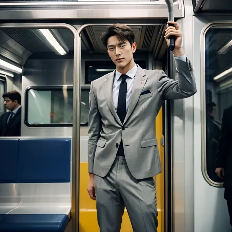 man in the subway，Standing in a subway car，Ultra-flat head，Wearing a suit，huge bulge, leg apart，musculous，Handsome， pervert smirk，exhilarated，full bodyesbian，Exposing thighs， In crowded subway cars， 16k resolution , ultra-high clarity , hyperrealism , ultr...