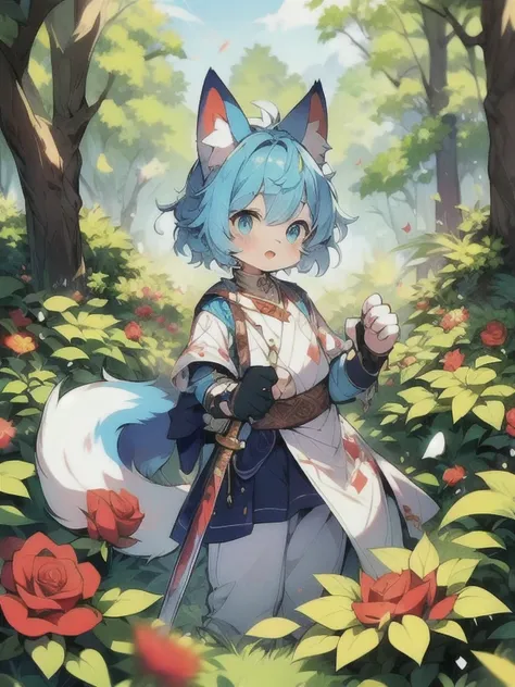 ((masterpiece)), Highest image quality ((hairy)), ((A pair of blue fox ears)), ((fox tail)), blue pupils, short hair, Leaves, fine hair, delicate skin, Lovely, blue hair, Hair is dull, exquisite eyes, Lovely beast, rose petals floating in the air, a leaf o...