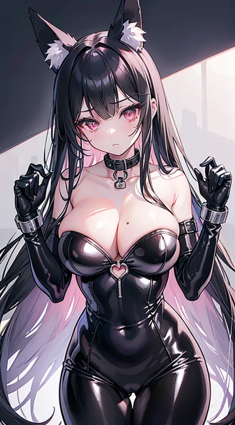 high quality, masterpiece, super detailed, 1 girl,  extremely detailed faces, BDSM,handcuffs，black latex suit，Calm expression，handcuffs，collar，long black hair, Charming pink eyes, fox ears, ridiculously big, skin shiny，laboratory手术台，laboratory，white room