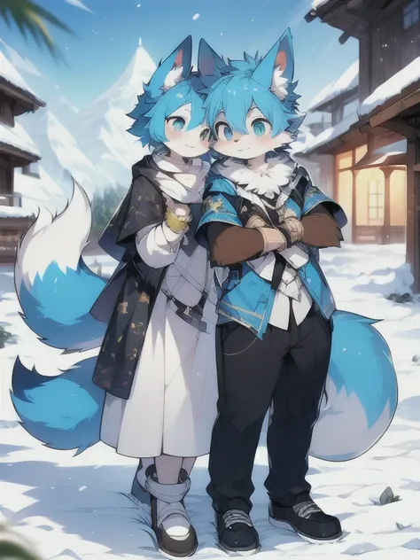 UHD, ccurate, high quality, best quality, award winning, highres, masterpiece, masterpiece，Furry, a male fox，(blue hair)，(a pair of blue ears)，Lovely，Standing on the snow mountain，blue pupils，Hair is dull，short hair，delicate skin，exquisite eyes，a tail