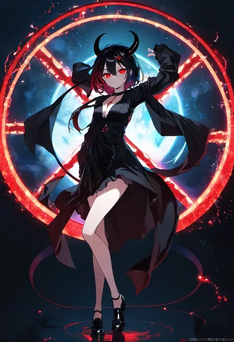 A magic circle that shines red at your feet、sexy devil in black clothes、red lighting、darkness、suspicious、suspicious, anime、whole body、Condescending eyes