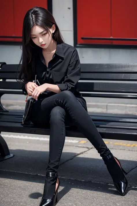 girl in red box design shirt black tie and black skinny jeans black high heel shoes siiting in a bench