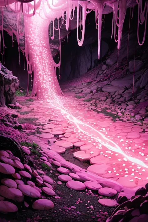 Cave covered with pink bio-cells, tentacles grow
