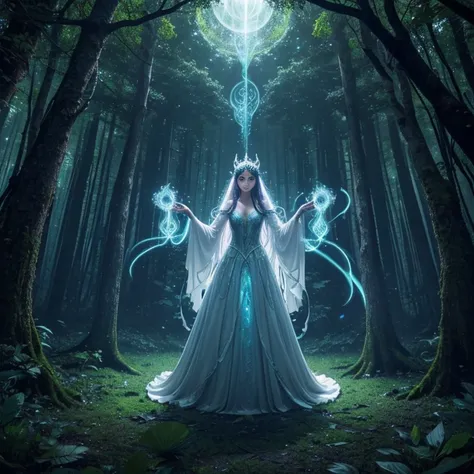 Within the ethereal realm of a moonlit forest, a mesmerizing magic circle radiates an enchanting glow, inviting the viewer into a mystical journey where reality merges with the surreal. Enchantresses in billowing gowns dance around the circle, their faces ...