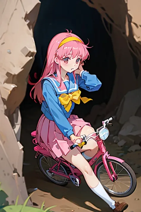 cute anime girl rides a bicycle, fujisaki shiori, yellow hairband, school uniform, serafuku, long sleeves, pleated skirt, Cave covered with pink raspberry groups,
