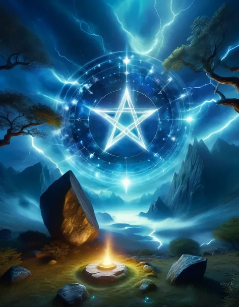 （dark fantasy），（super wide angle），Ancient boulder magic circle，Desolate Highlands，Ancient forest，Weathered rock，Six pointed star layout，Constellation Alignment，Mysterious runes，blue light，Night lightning，energy，Creature Summoning，The wizard chants and whis...