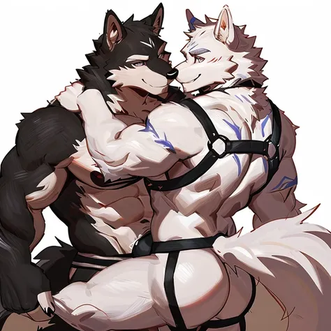 master part, best quality, white background, Detailed background, gray wolf,  White fur, big pink, abs, hairy, Smile, perfect eyes, wearing harness, black jockstrap, with big, thick penis out of jockstrap, back, show ass, sex, cock into ass