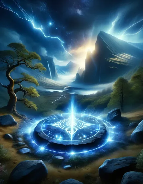 （dark fantasy），（super wide angle），Ancient boulder magic circle，Desolate Highlands，Ancient forest，Weathered rock，Six pointed star layout，Constellation Alignment，Mysterious runes，blue light，Night lightning，energy，Creature Summoning，The wizard chants and whis...