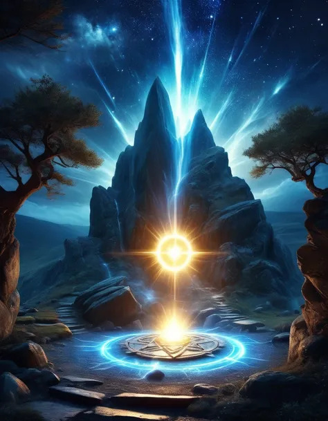 （dark fantasy），（super wide angle），Ancient boulder magic circle，Desolate Highlands，Ancient forest，Weathered rock，Six pointed star layout，Constellation Alignment，Mysterious runes，blue light，Night lightning，energy，Creature Summoning，The wizard chants and whis...