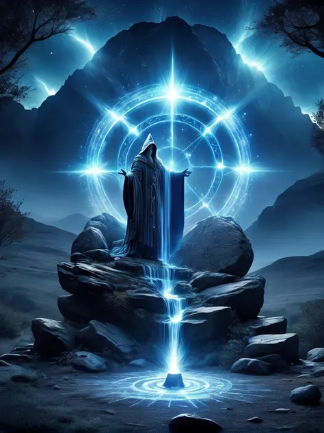 （dark fantasy），（super wide angle），(Ancient boulder magic circle)，Desolate Highlands，Ancient forest，Weathered rock，(Six pointed star layout)，(Constellation Alignment)，(Mysterious runes)，(blue light)，Night lightning，energy，Creature Summoning，(The wizard chan...