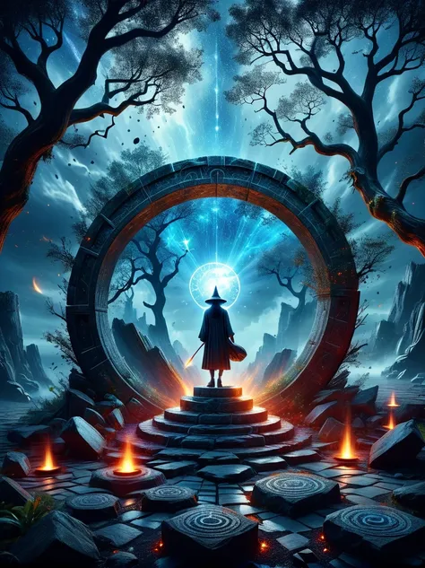 (bird&#39;s eye view:1.5)，((A wizard stands in a shimmering ancient stone magic circle and chants a spell:1.5))，(In the hexagonal red ray layout formed by the constellation adjustment:1.5)，(Mysterious runes emit an illusory blue light:1.5)，As night falls, ...